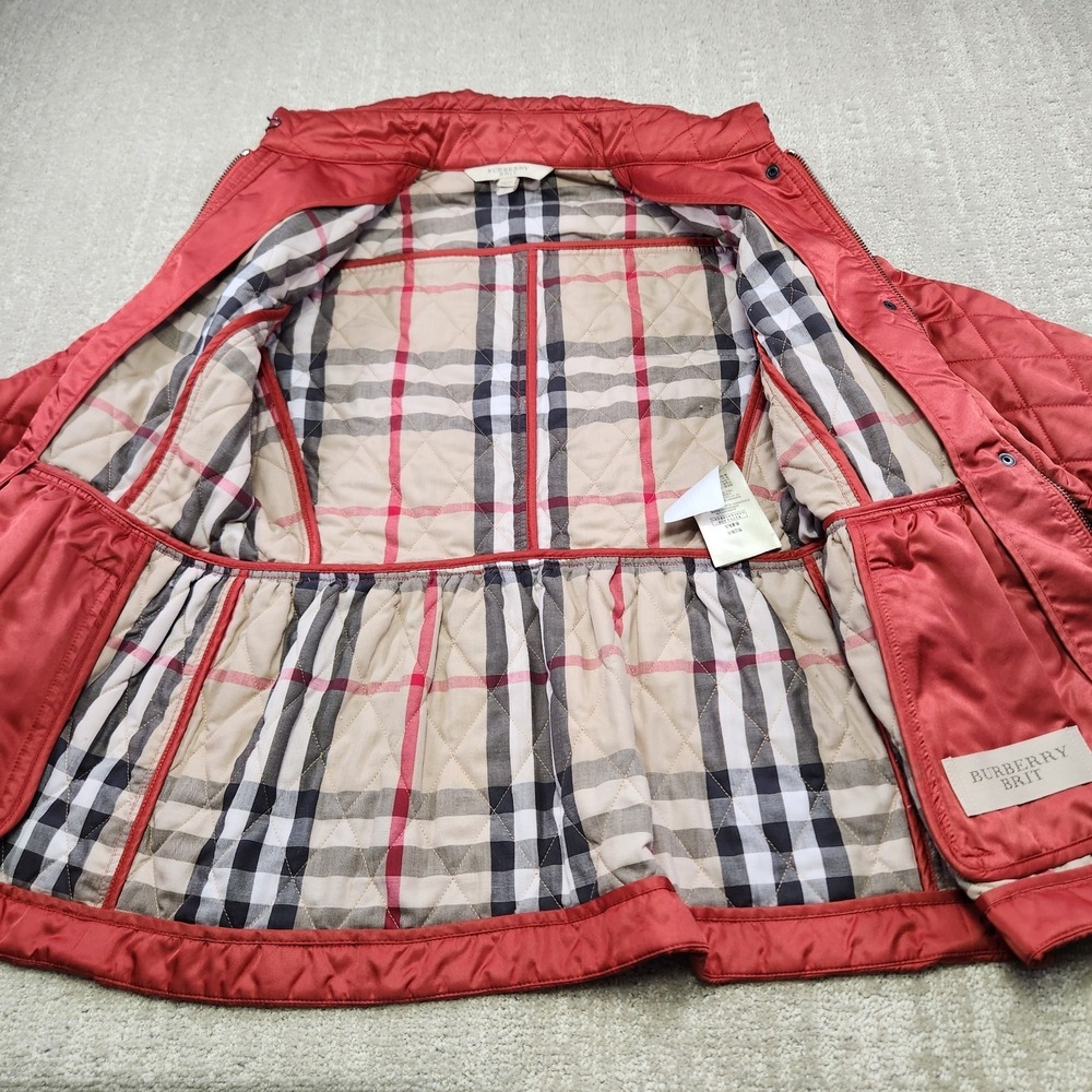 Burberry Brit Jacket Women Medium Diamond Quilted Red Nova Check Lined Full Zip - Picture 5 of 14